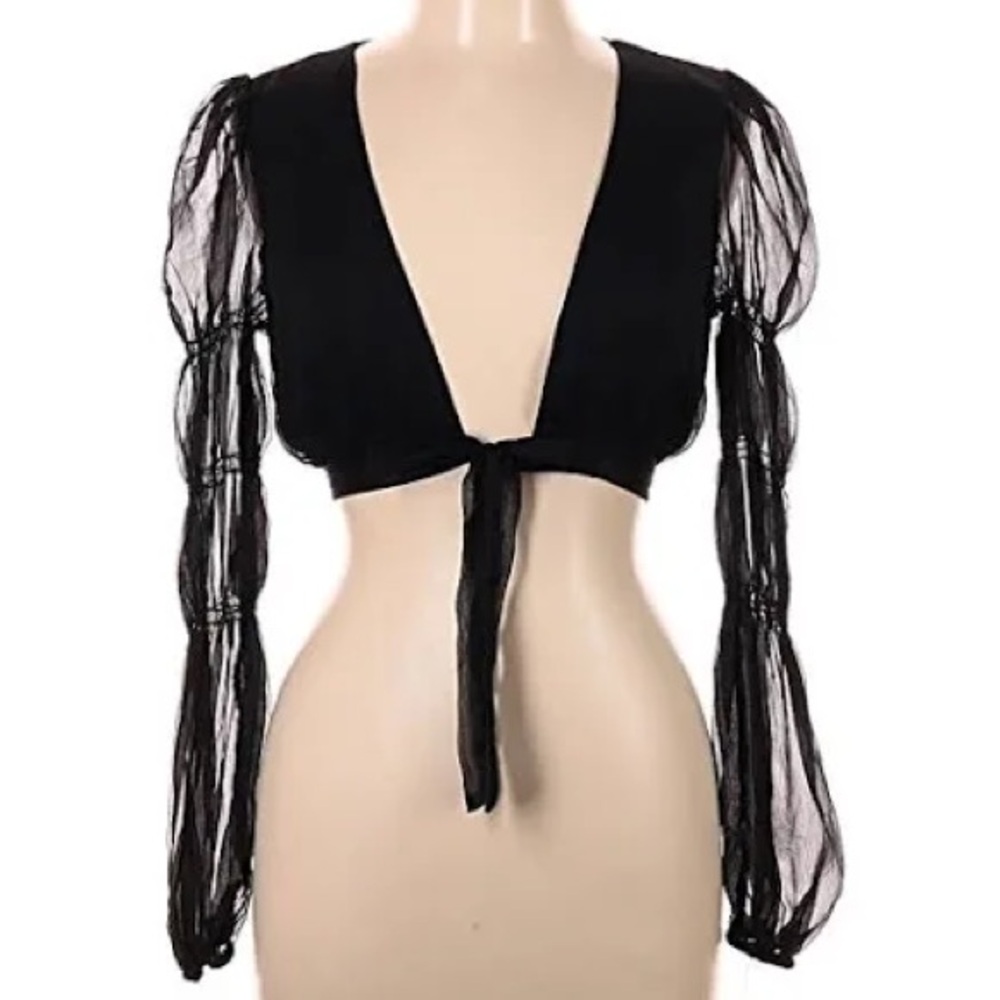 Nasty Gal Black Sheer Sleeve Tie Front Blouse
